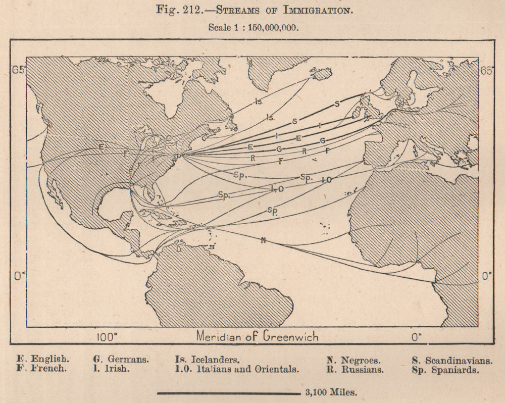 Immigration routes to the United States 1885 old antique map plan chart